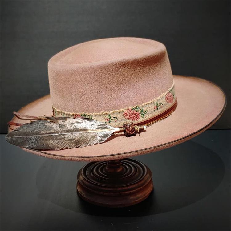 Pork Pie Top Sheep Felt Hat Solid Sheep Felt Hat Feathered Pure Wool Felt Hat