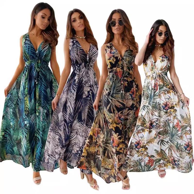 European And American Style Ladies Summer New Printed Halter Strap Dress V-neck Sleeveless Beach Vacation Casual Sun Skirt