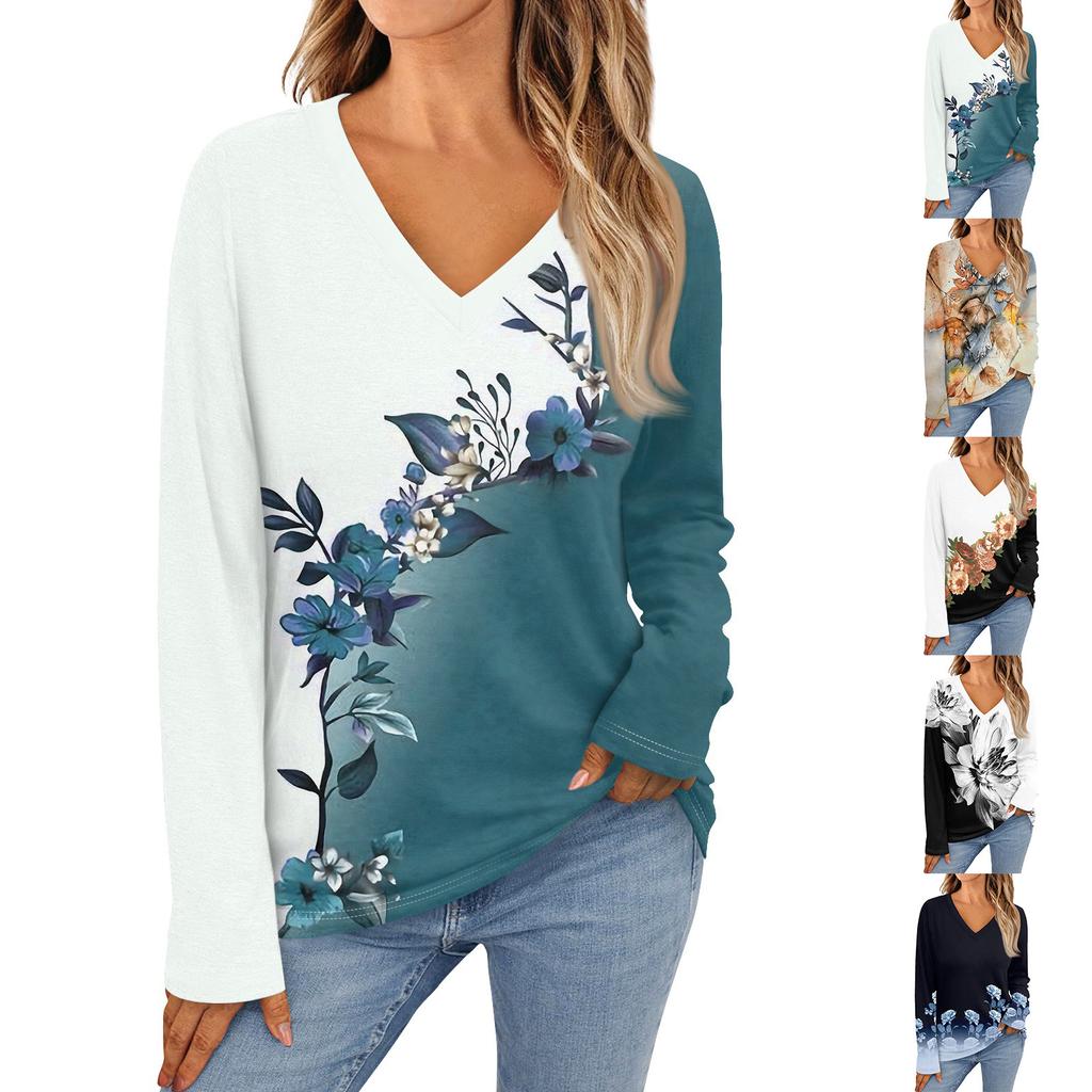 Women's Fashion Casual V Neck Long Sleeve Printed T-Shirt Ladies Top