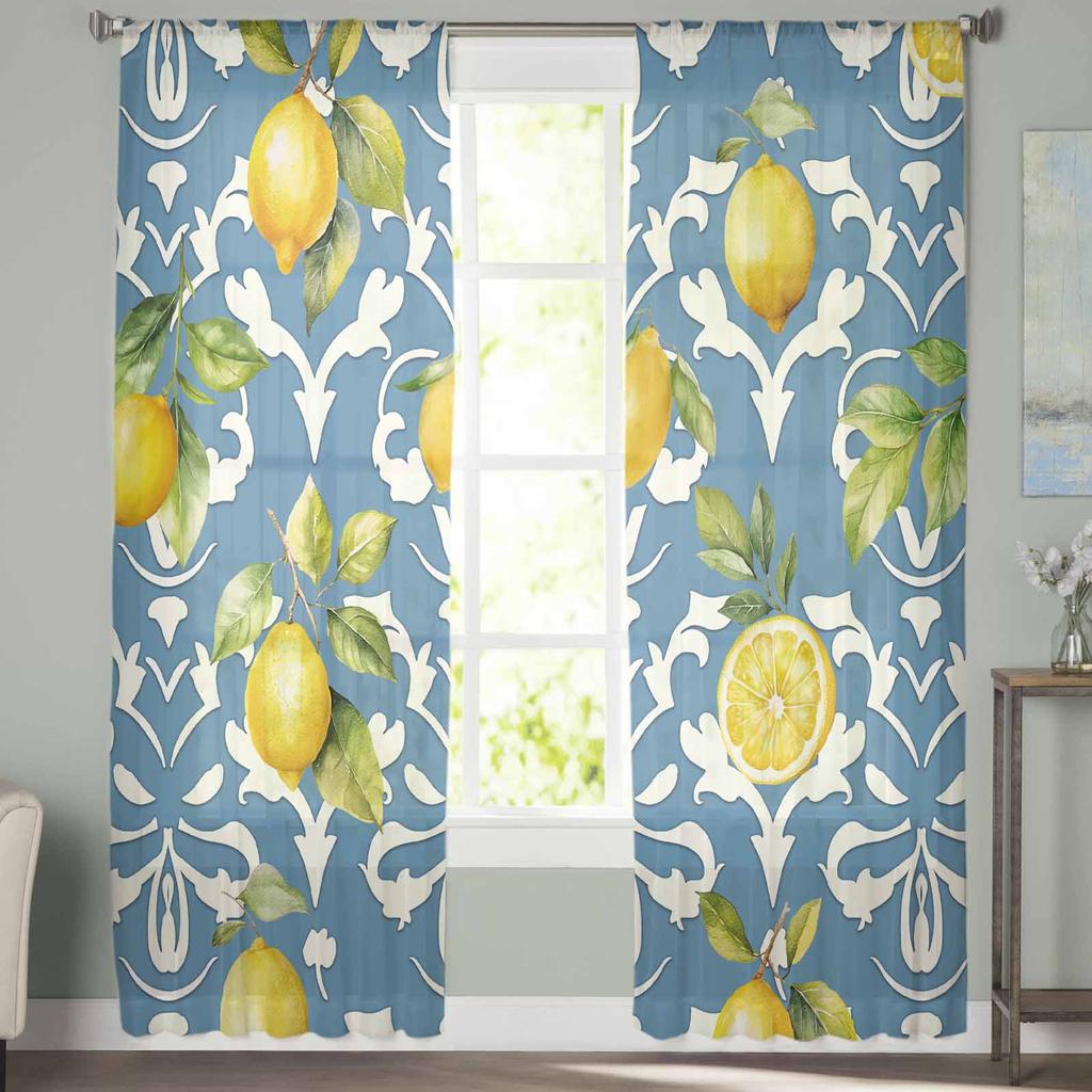 Lemon Leaf Patterns Sheer Curtains for Kids Bedroom Living Room Voile Window Curtains Tulle Drapes
