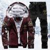 Men's Fall and Winter Large Size Printing Warm Suit Long-sleeved Hooded Zipper Shirt + Thickened Pants Two-piece Set