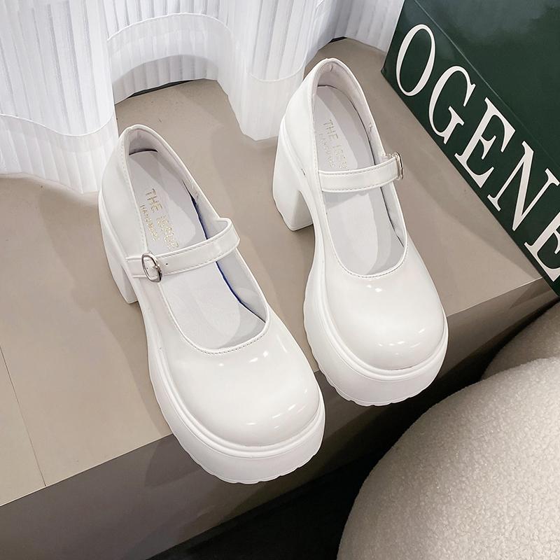 Platform High Heels Pumps Women 2025 Autumn Pu Leather Ankle Buckle Mary Jane Shoes Woman Thick Heeled White Lolita Shoes