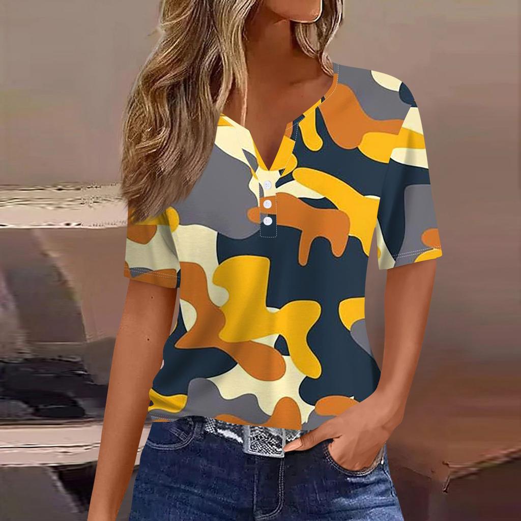 Women's T Shirt Tee Print Button Short Sleeve Daily Weekend Fashion Basic V- Neck Regular Top