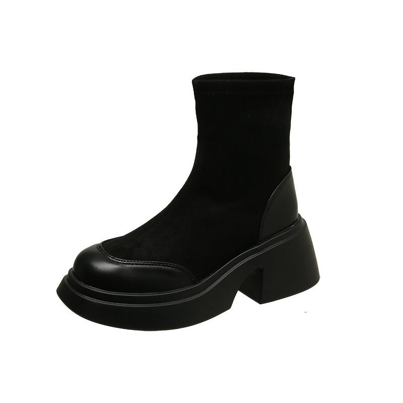 Women Long Sock Boots Autumn Winter Black Thick High Heel Round Head Elastic Stocking Boots Platform Slip On Casual Botines