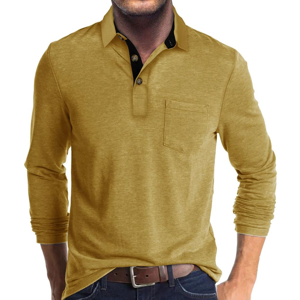 Men's Spring And Autumn Solid Color T-shirt Lapel 3 Button Open Placket Button Long Sleeved Top