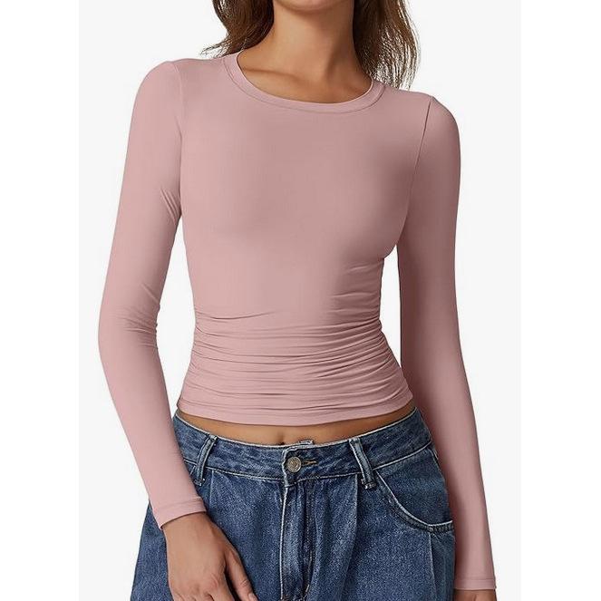 European & American Long Sleeve Round Neck Milk Silk Pullover Tops for Women