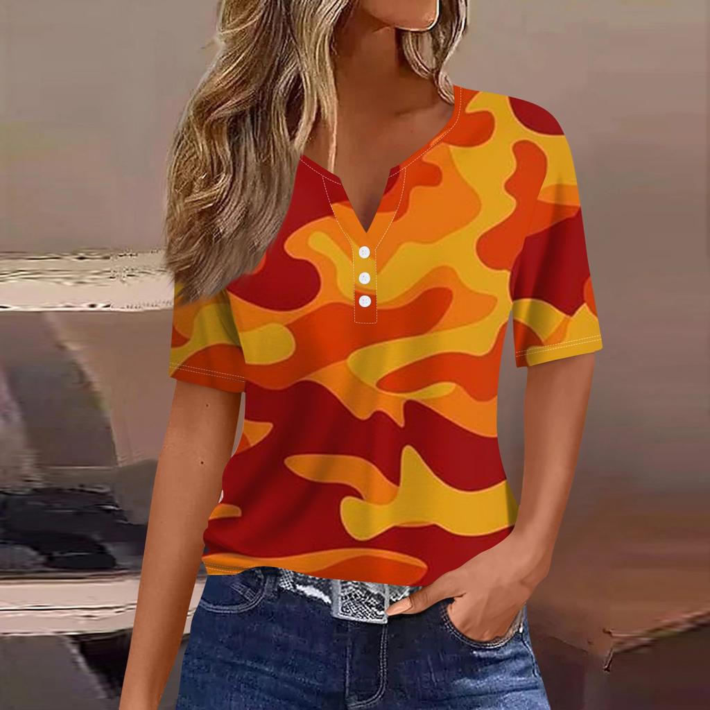 Women's T Shirt Tee Print Button Short Sleeve Daily Weekend Fashion Basic V- Neck Regular Top