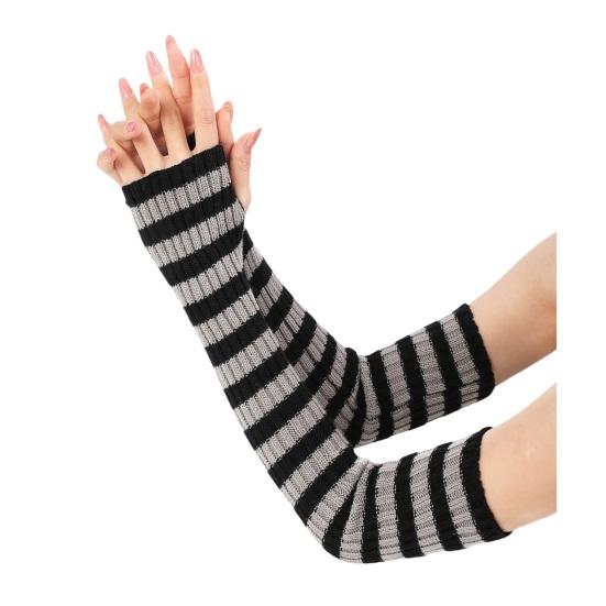 Women Striped Elbow Gloves Winter Knitted Arm Warmers Goth Punk Fingerless Gloves Stretchy Mittens with Thumb Hole for Daily Wear Cosplay