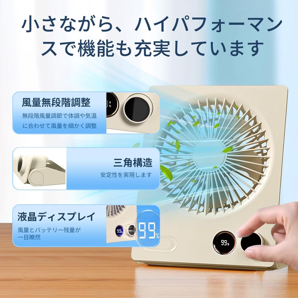 YAMOOCO Small Rechargeable Desk Fan with 5 Soft 4000mAh and LCD Battery Level USB Fan with Stepless Airflow and Angle Foldable and for and Outdoor Use