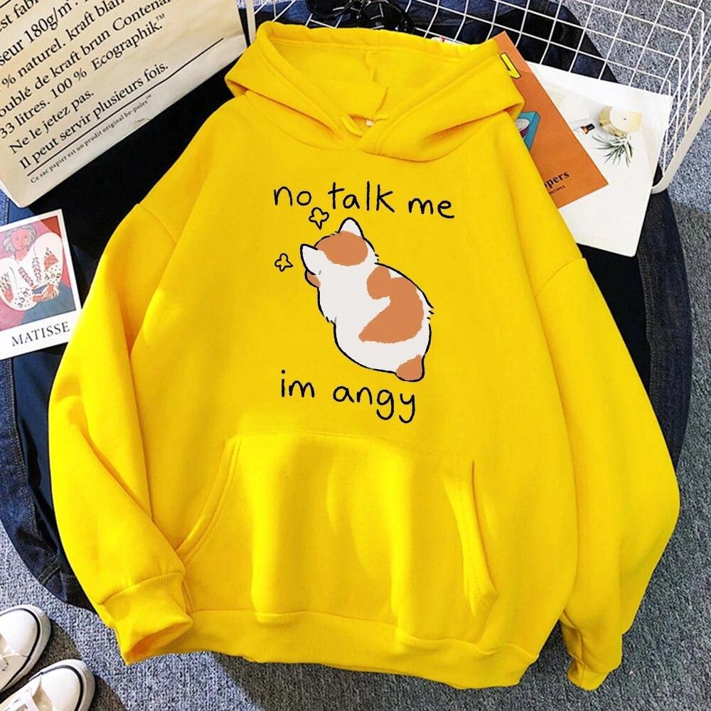 Fun No Talk Me Cute Angry Cat Print Men/Women Cotton Hoodie Casual Oversized Pullover Popular Sweatshirt Fashion Unisex Clothing