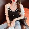 Summer Fashionable Chiffon Spliced Stretch Knitted Puff-sleeve Slim-fitting and Figure-flattering Short-sleeved Top for Women