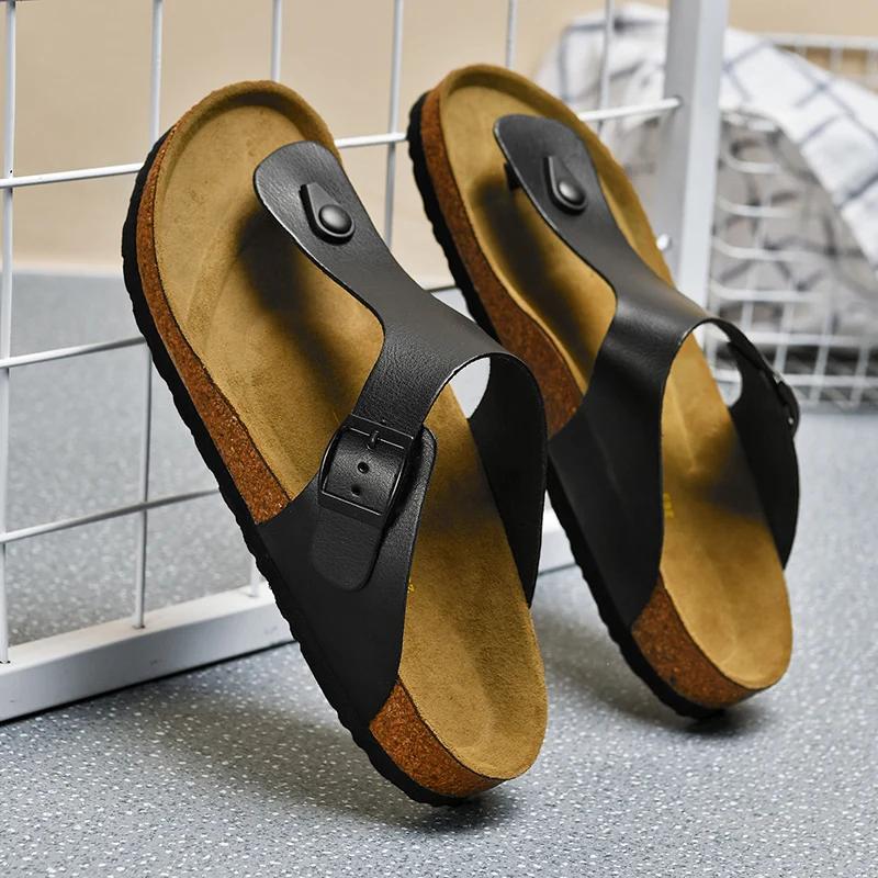 2024 New Men Genuine Leather Couple Style Cork High Quality Soft Cork Slides Footwear for Men Women Unisex 36-46 Cork Flip Flops