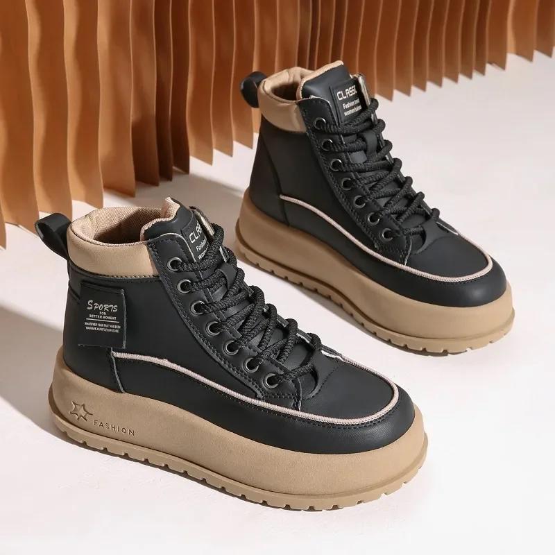 2024 Hot Sale Ladies Shoes Front Lace-up Women's Vulcanize Shoes Color Matching Winter Plus Velvet High Top Flat Shoes