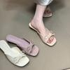 2025 Low Heel Square Head Sandals Fairy Wind Bow Patent Leather Cool Slippers Outer Wear with Skirt