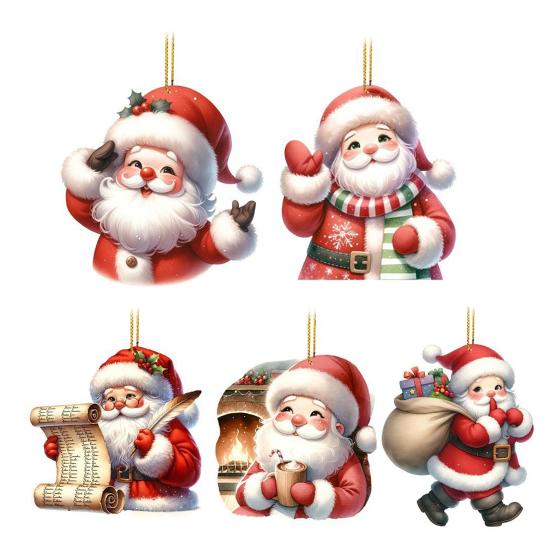 5 Pcs Santa Claus Ornaments 2D Acrylic Cartoon Santa Claus Pendant Christmas Tree Hanging Decoration for Car Tree Door Wall Home Holiday Decor