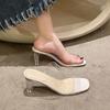 2025 New Summer Transparent Sandals Women's Medium Heel Thick Heel Crystal High Heels Fairy Style Word with Cool Slippers