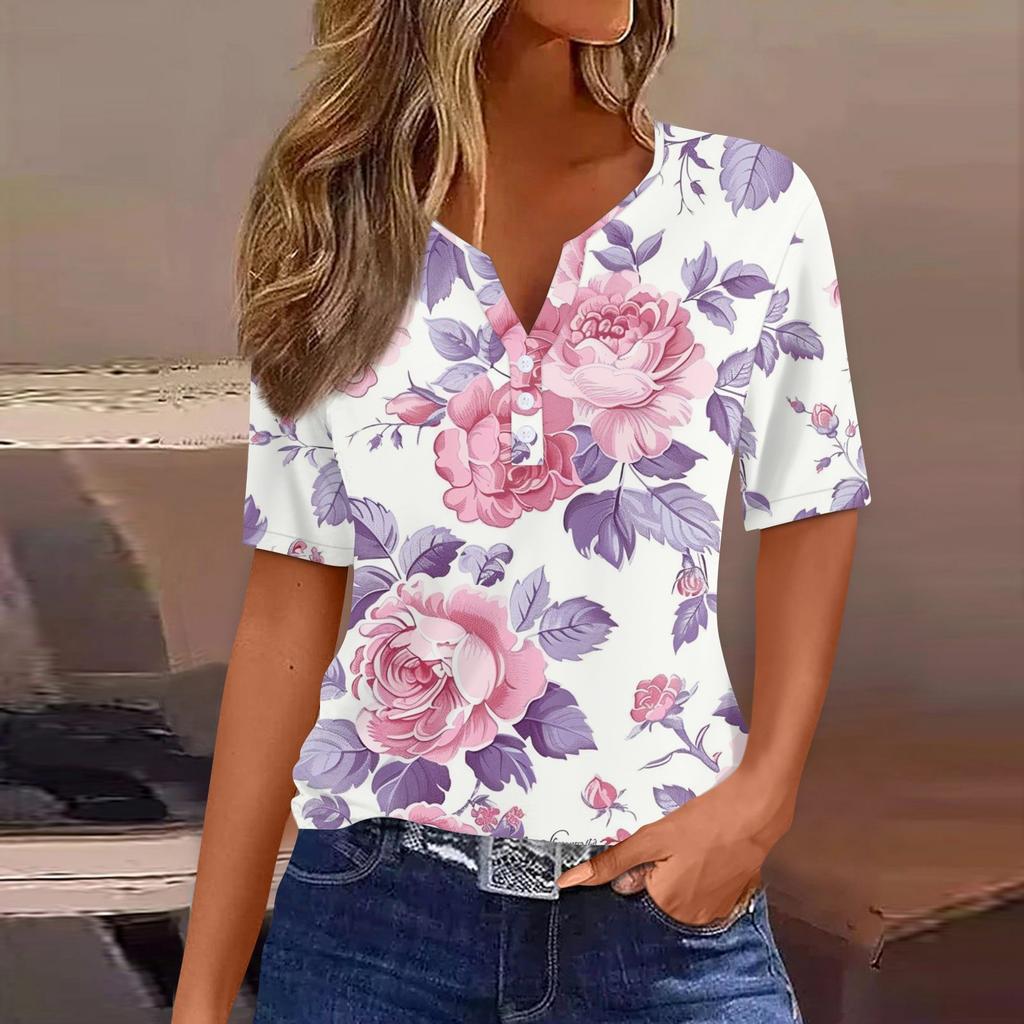 Women's Fashion Casual Vintage Floral Print V-Neck Short Sleeve Decorative Button T-Shirt Tops