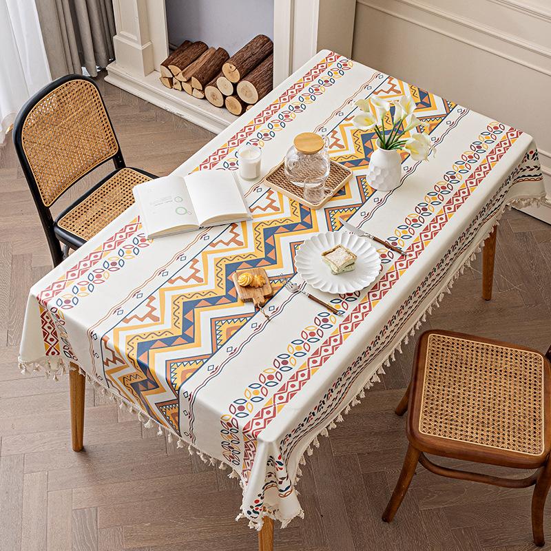 Cotton Linen Rectangle Tablecloth Boho Tassel Farmhouse Tablecloth Wrinkle Free Indoor Outdoor Table Cover for Party, Picnic, Kitchen Dining Room
