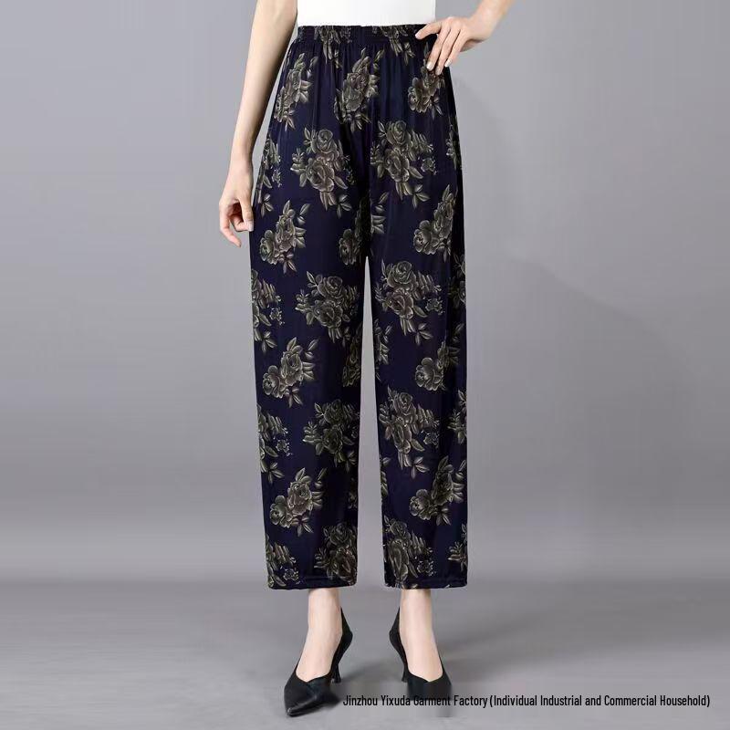 Casual Summer Women's Plus Size Ice Silk Stretch Pants - Loose, High Elastic Waist for Middle-Aged and Elderly
