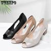 Thick Heel Soft Leather Sandals Women Summer Solid Color Middle Heel Hollow Soft Sole Anti-slip Comfortable Breathable Open Toe Fishmouth Shoes