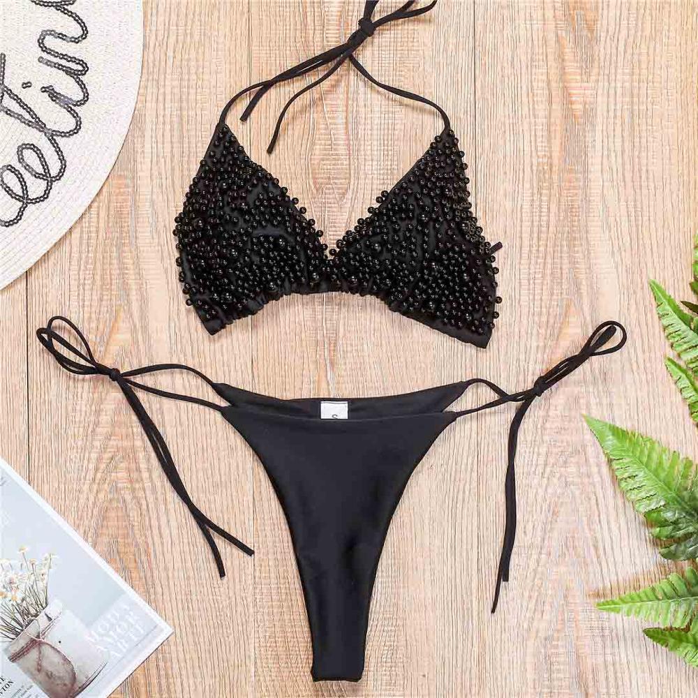 Halter Mini Bikini Female Swimsuit Women Swimwear Two-pieces Bikini Set Luxury Pearl Bather Bathing Suit