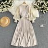 Women Pleated Elegant Belt Solid V Neck High Waist Dresses Lantern Sleeve Vintage Casual Party Holiday Mid Dress