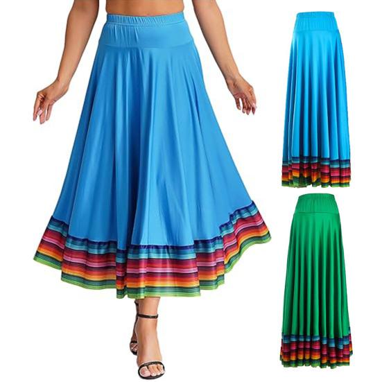 Maxi Skirt Ladies Folk Dance Skirt Elastic Waist Spanish Swing Skirt Rainbow Large Swing Hem Mexican Flamenco Performance Skirt