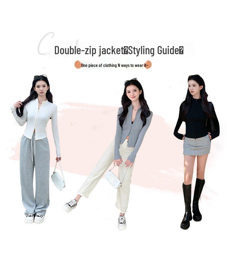 Women's Slimming Double Zipper Knitted Jacket with Stand Collar - Versatile Long Sleeve Cardigan for Spring and Autumn.