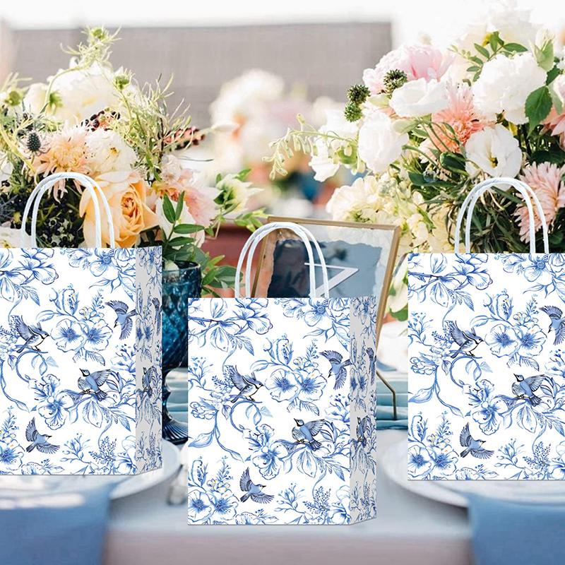 10pcs Blue & White Shopping Paper Gift Bags Elegant Porcelain Floral Tote Bags Chinese With Twine Handles Weddings