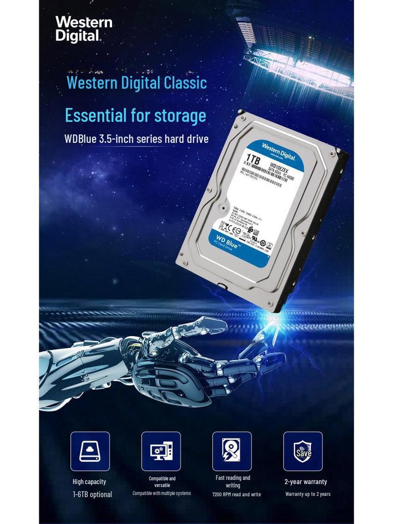 WD Blue 3.5" Mechanical Hard Disk, Available In 1TB, 2TB, 4TB, 6TB, with 5400 or 7200 RPM Options.