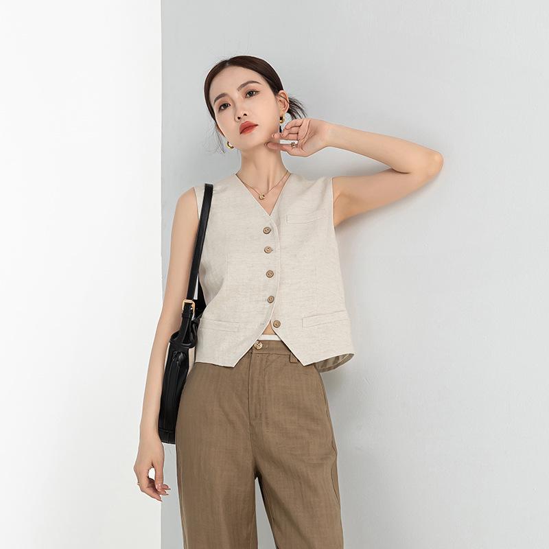 Xin Ge Retro Slimming V-Neck Tencel Linen Vest - Summer 2025 Collection