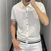 Men Shirt Lapel Short Sleeve Buttons Placket Shirt Tops with Stripes Trim Breathable Summer Casual Shirt