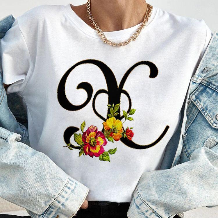 Custom Name Letter Combination Tops Fashion Women T-Shirt Rose Flower Heart Letter Font A B C D Short Sleeve Tees Black T-Shirt