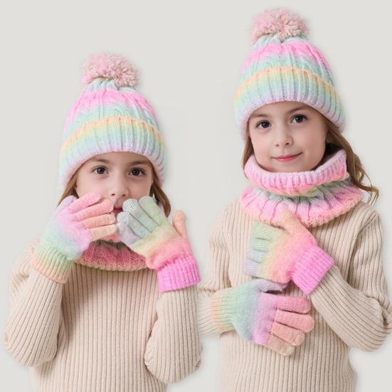 3Pcs/Set Kids Hat Scarf Gloves Set Rainbow Color Twist Texture Hat Thickened Plush Lining Neck Gaiter Knitted Gloves Set