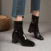 Fashion Brand Women Shoes 2024 New Black Patent Leather Fashion Square Toe Women's Boots Thick Heel Ladies High Heel Ankle Boots