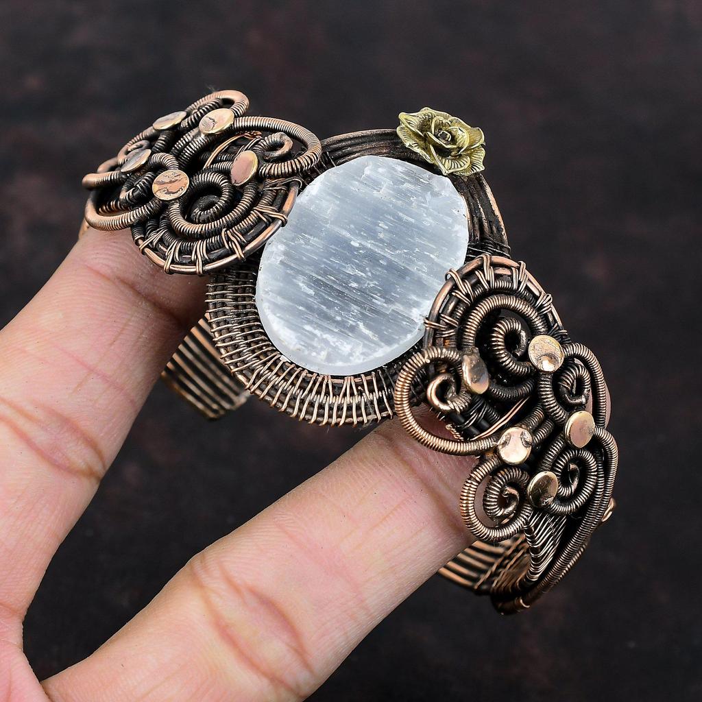 Selenite Druzy Cuff Bracelet Adjustable Gemstone Bangle Copper Wire Wrapped Cuff Bracelet Handmade Flower Bracelet Copper Jewelry For Gifts