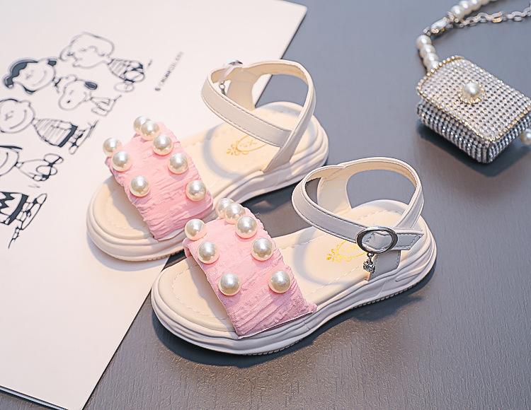 Girls Thick Soled Sandals Kids Summer Pearl Shoes Elegant Party Princess Open-toe Flats Casual Fashion Children's Beach Sandals