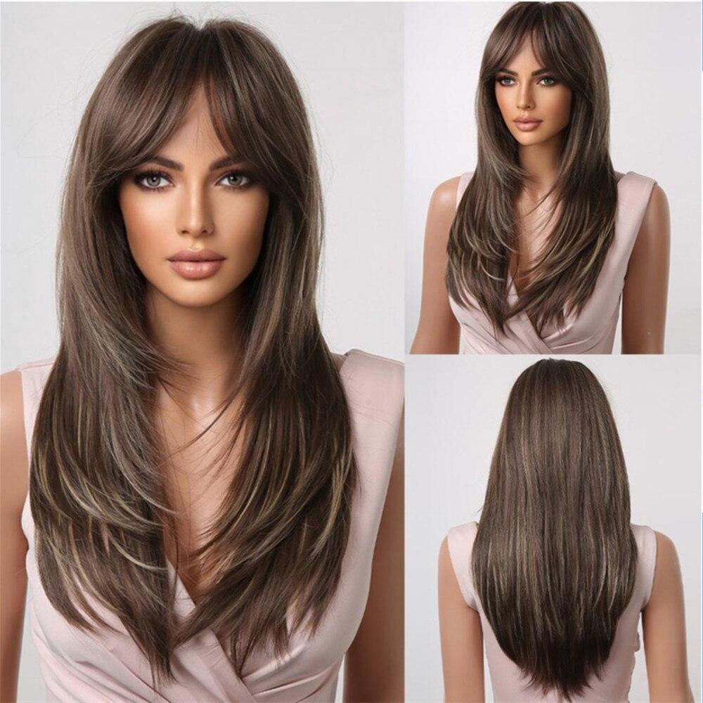 Long Brown Straight Layered Wig with Bangs Natural Looking Soft Synthetic Wigs Daily Party Use Fake Hair High Temperature Fiber