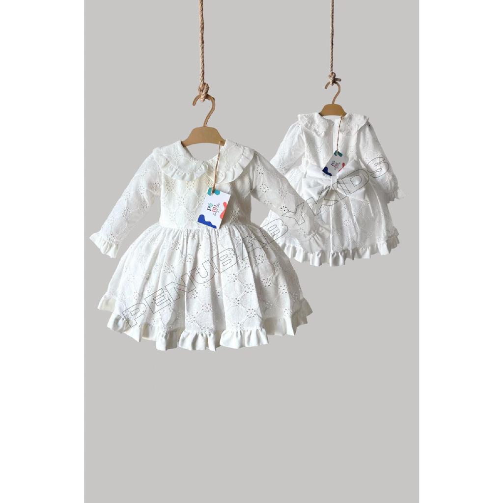 White Scalloped Baby Collar Long Sleeve Baby Girl Dress - Angel