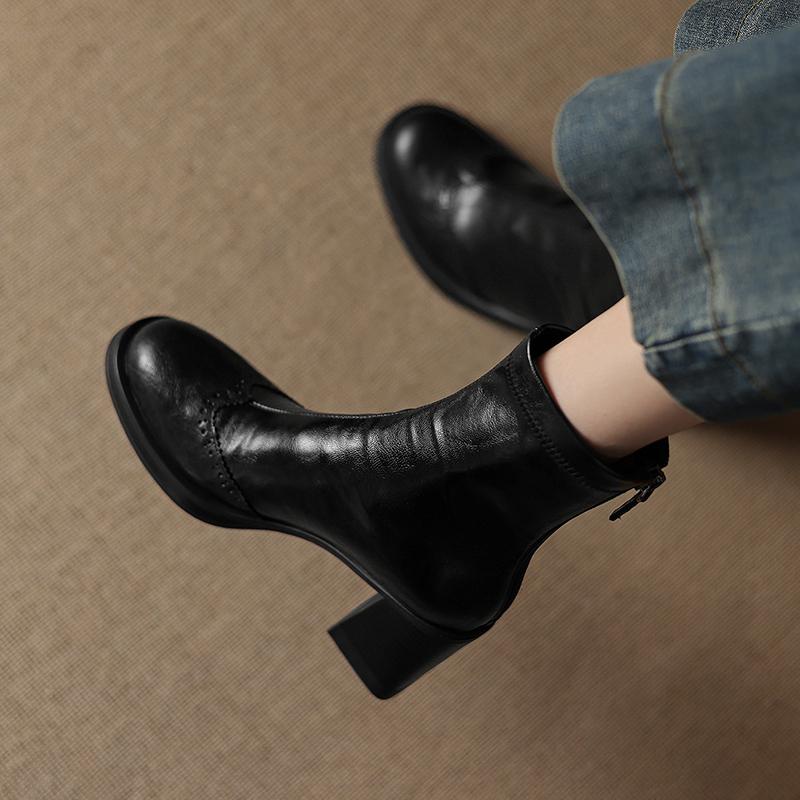 Fashion 2025 New Autumn Women Boots Sheepskin Leather Women Shoes Round Toe Chunky Heel Modern Short Boots Stretch Platform High Heels