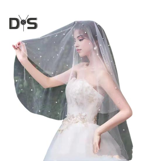 Bridal Veil with Faux Pearl Embellishment White Mesh Single Layer Wedding Veil Bridal Headpiece Hair Accessories