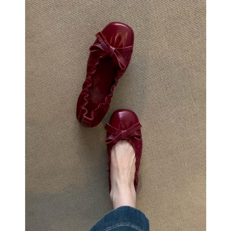 Sheepskin Version~ Genuine Leather Retro Pleated Bow Flat-bottomed Ballet Shoes Commuting Versatile One-pedal Shallow-mouth Single Shoes