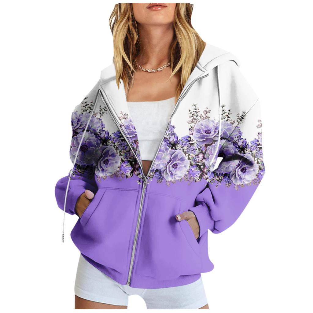 Women's Long Sleeve Printed Sweatshirt Long Sleeve Pocket Jacket Zipper Hoodie Coat Autumn