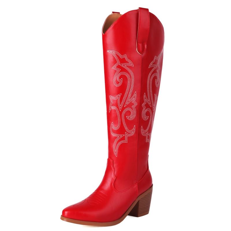 Western Women's Winter Knee High Boots Fashion Embroidery Cowboy Cowgrils Boot Wedges Heel Red Party Shoes Ladies Large Size 45