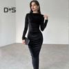 Lady Evening Dress Slim Fit Pleated Bateau Neck Long Sleeve Pure Color Midi Dress Sheath Calf Length Prom Cocktail Party Dress