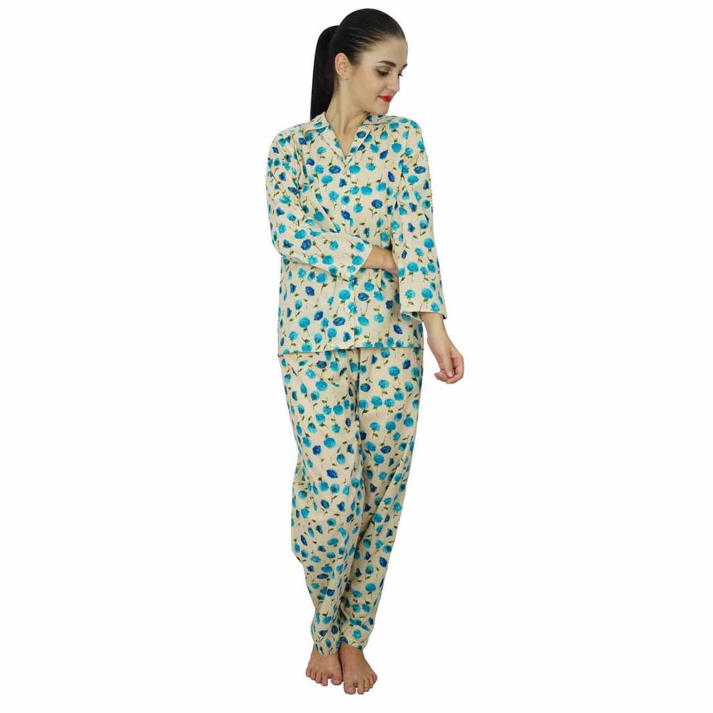 Bimba Women 2 Piece Pajama Set Cotton Night Wear Floral Print Long Sleeve