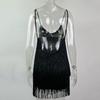 Women Prom Dress Shiny Tassel Fringe Spaghetti Strap Backless Sleeveless Slim Fit Sheath Low Cut V Neck Latin Dance Dress Club Wedding Mini Dress