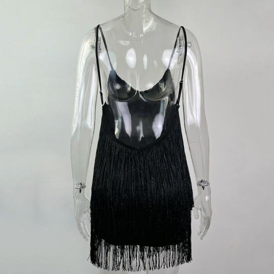 Women Prom Dress Shiny Tassel Fringe Spaghetti Strap Backless Sleeveless Slim Fit Sheath Low Cut V Neck Latin Dance Dress Club Wedding Mini Dress