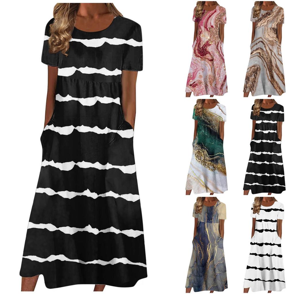 Women's Summer Casual Fashion Printed Short Sleeve Round Neck Pocket Dress