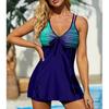 Women's Shoulder Strap Blue Wrinkles Swimsuit Print Bikini Tankini Swimsuit